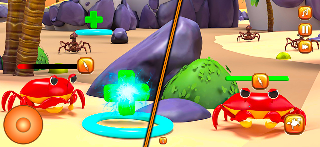 Crab Fight Gun Shooting Games - Cangrejos rojos luchando contra enemigos en una playa con barras de salud y potenciadores.