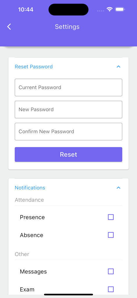 Zeta Plus Parent - Zeta Plus Parentアプリの設定画面。パスワードリセットと通知管理用。