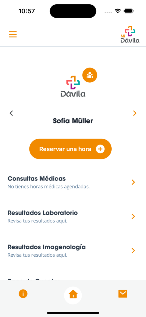 Mi Dávila - Écran d'accueil de l'application Mi Davila avec des sections pour la prise de rendez-vous et les résultats médicaux