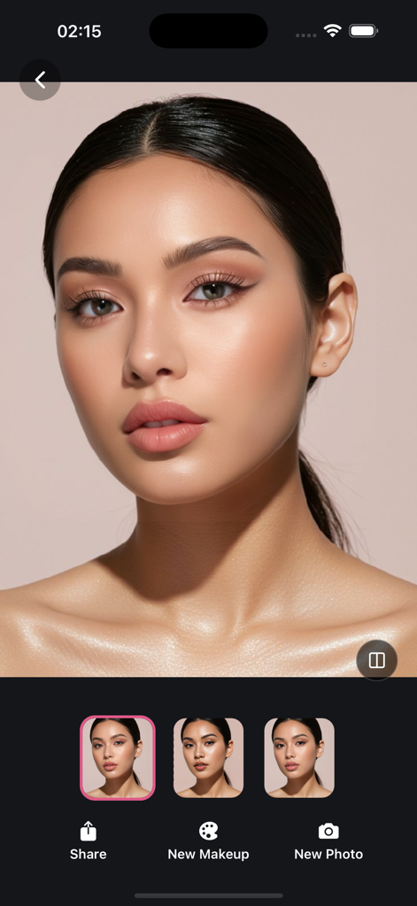 User interface of GlowAI app showing an AI generated makeup look on a woman face