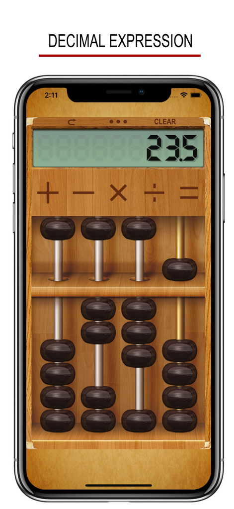 Abacus - Dancing Fingers ! - Pantalla de smartphone que muestra un ábaco digital con una visualización decimal de 23.5