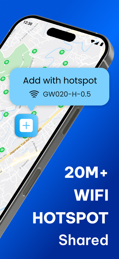 Vista de mapa de la aplicación WiFinder que muestra puntos de acceso WiFi compartidos y la opción de agregar una nueva conexión.