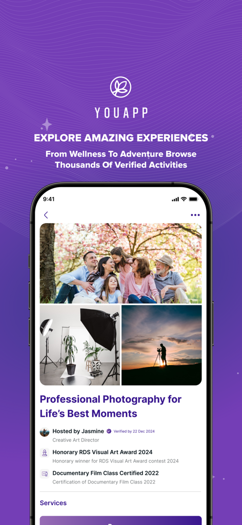 YouApp: Trips & Experiences - YouApp interface showing a verified professional photography experience with host details and certification badges