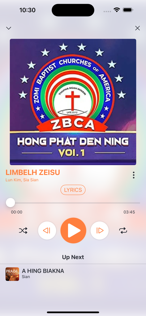 ZomiVerse - ZomiVerse app music player interface displaying a religious Zomi song with playback controls.