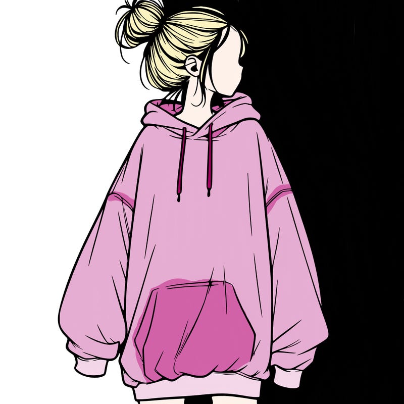 realistic girl with a oversized sweatshirt on and a bun