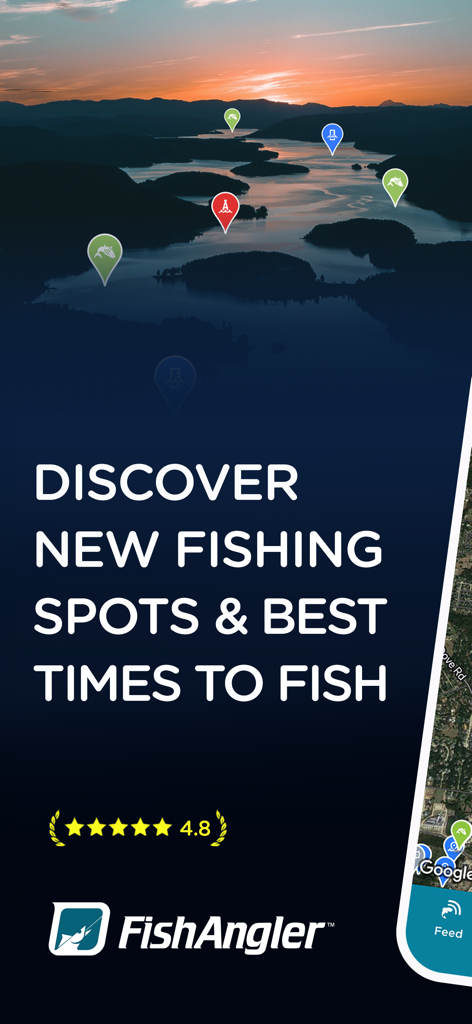 FishAngler - Fish Finder App - FishAngler app screenshot showing markers for fishing spots on a lake at sunset with a 4.8 star rating