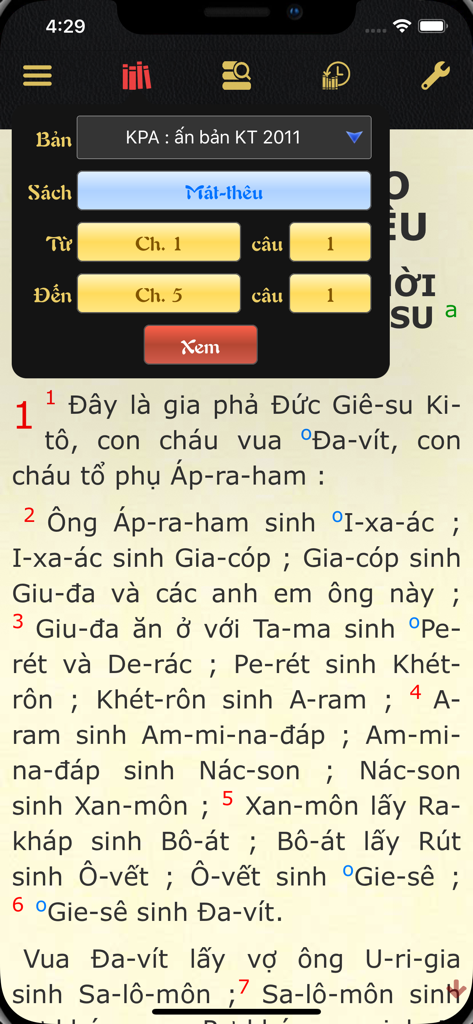 Scripture selection menu for the Gospel of Matthew in the KTCGKPV Vietnamese Catholic app