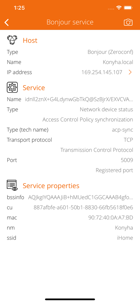 Captura de pantalla de la aplicación Service Browser que muestra información detallada del servicio Bonjour, incluyendo dirección IP, número de puerto y protocolos de red.