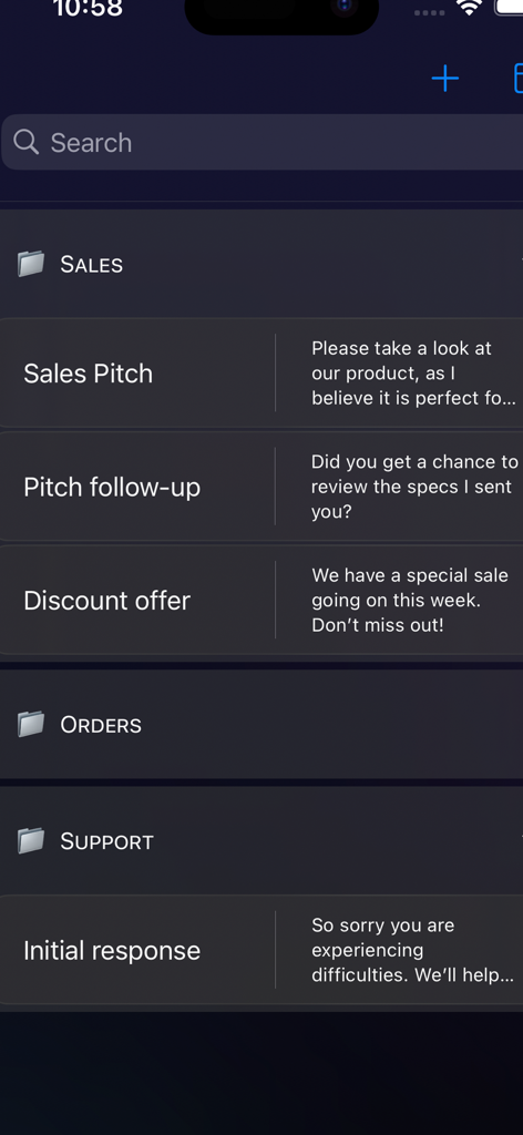 Cloud Snippets - Mobile - Cloud Snippets mobile app interface showing text snippets organized into categories like Sales and Support