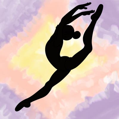 gymnast doing a leap in a leotard with a bent back leg