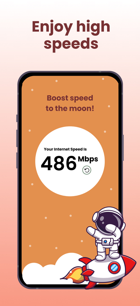 Dash VPN, Private VPN, VPN - Dash VPN app interface showing 486 Mbps internet speed with a rocket and astronaut theme