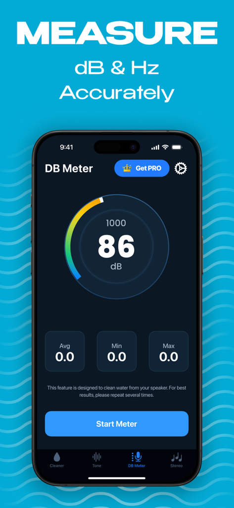 Water Eject: Speaker Cleaner S - Mobile app interface of a decibel meter showing sound measurement levels