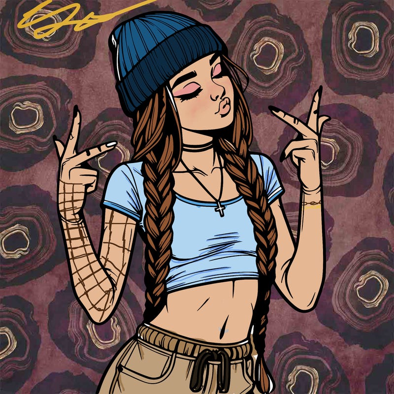 realistic teenage girl with braids and a beanie and crop top doing 🫶🏼