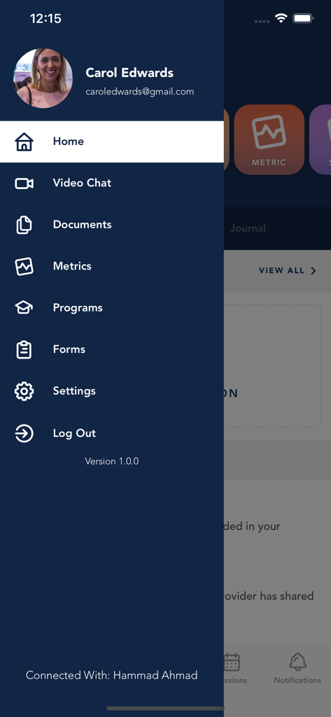 Menu di navigazione laterale dell'app Syntrillo per il recupero dall'ictus che mostra videochiamate e metriche di salute.