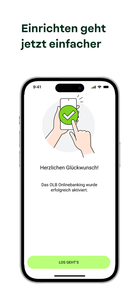 Successful activation screen of the OLB banking app on an iPhone