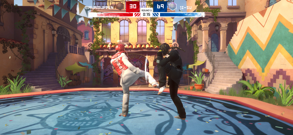 Taekwondo Grand Prix - Uma partida competitiva de Taekwondo Grand Prix entre dois lutadores em uma arena externa colorida mexicana.