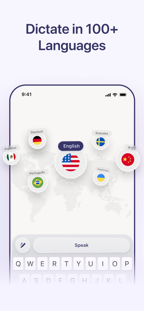 Willow Dictation & AI Keyboard - Willow Dictation App-Oberfläche, die die Unterstützung für über 100 Sprachen mit globalen Flaggen-Symbolen zeigt.