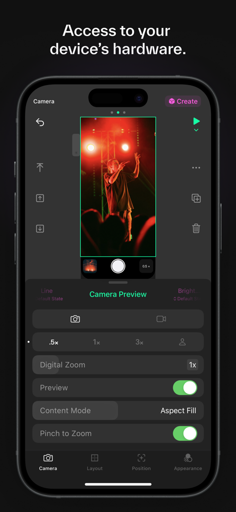 Play: Create Better Apps - A screenshot of the Play app showing the camera preview and hardware control settings for iOS prototyping.