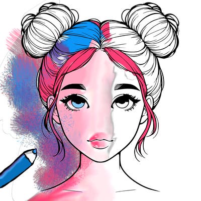 realistic girl with two buns on top of her head