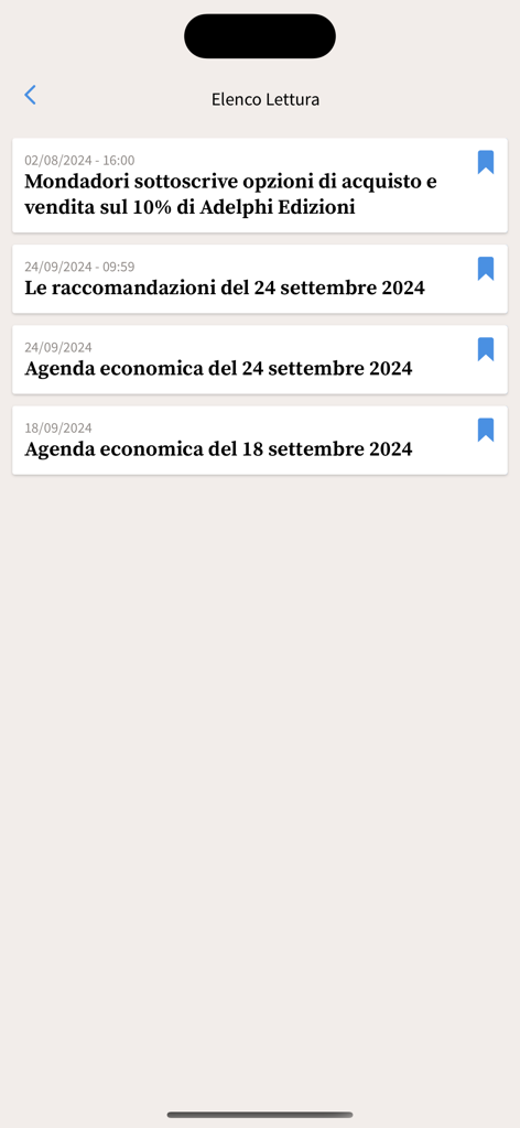 SoldiOnline - Interfaccia dell'app SoldiOnline che mostra un elenco di lettura di articoli di notizie finanziarie salvati e calendari economici