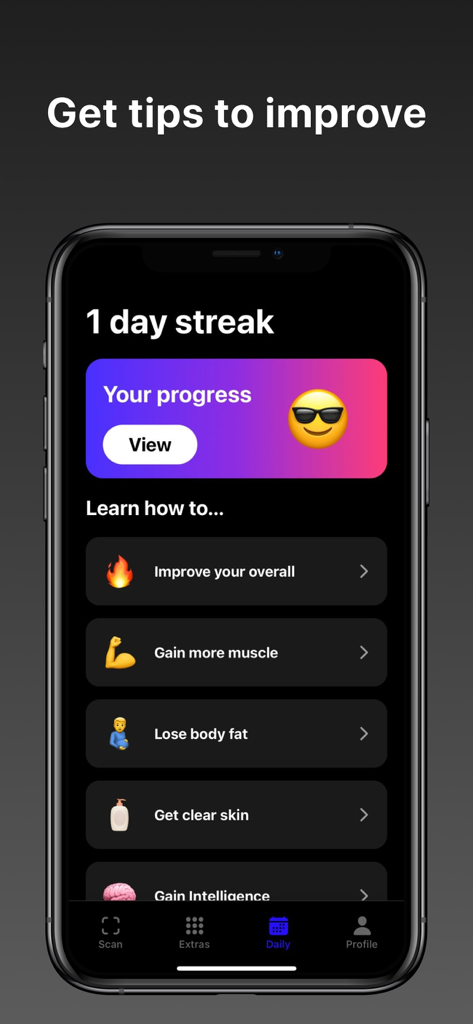 Ujack - Ujack app screen displaying daily progress streak and self-improvement tips for muscle growth and skin