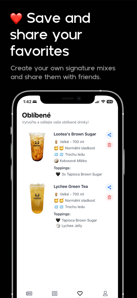 Lootea - A mobile screen from the Lootea app showing a list of favorite customized bubble tea drinks like Brown Sugar and Lychee Green Tea with options to share them.