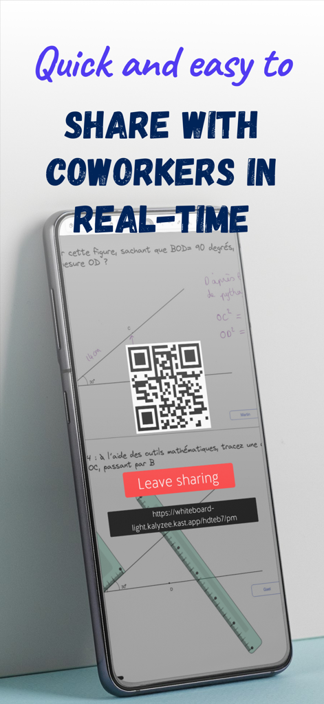 Whiteboard Pro - Collaborative - Smartphone screen showing Whiteboard Pro app with a QR code for real time collaboration and math tool drawings