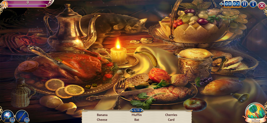 A detailed hidden object puzzle scene in Midnight Castle featuring a candlelit feast and a sleeping cat.