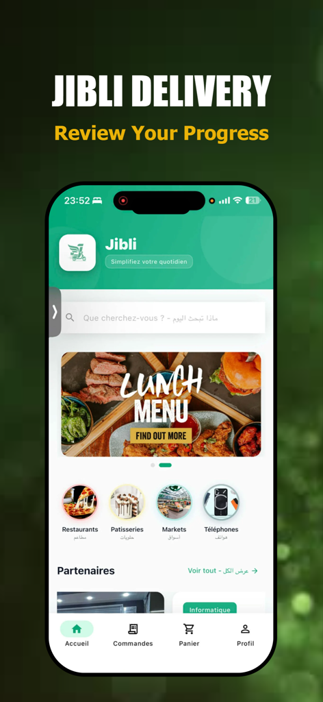 Jibli Delivery - Jibli Delivery mobile app home screen showing food and shopping categories