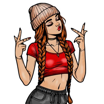 realistic teenage girl with braids and a beanie and crop top doing 🫶🏼