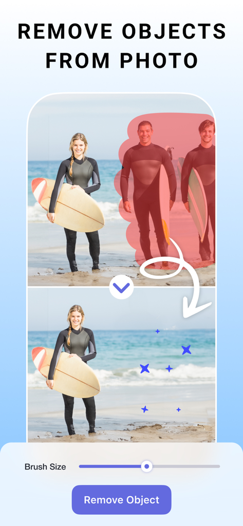 LightX: AI Photo & Body Editor - Comparación de antes y después de eliminar personas de una foto de playa usando el editor de IA de LightX