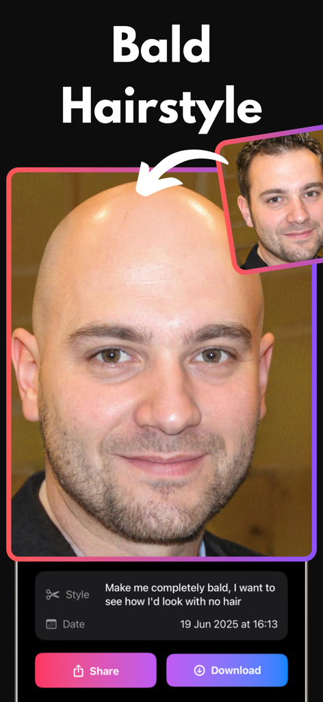 Hairstyle Try On - Haircut AI - Vista previa de peinado calvo con IA que muestra una transformación de antes y después en un hombre