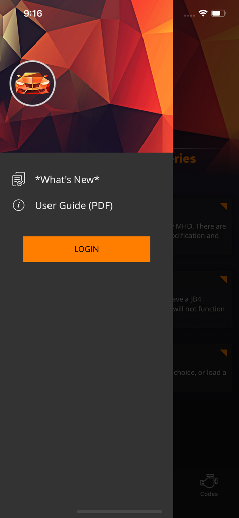 Menú lateral de la aplicación MHD Flasher mostrando un botón de inicio de sesión y enlaces para la guía del usuario y las últimas actualizaciones
