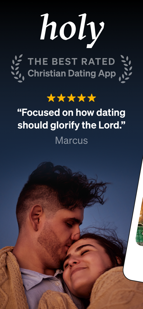 Holy — Christian Dating App - Promotional screen for the Holy Christian dating app featuring a five star user review and a photo of a happy couple