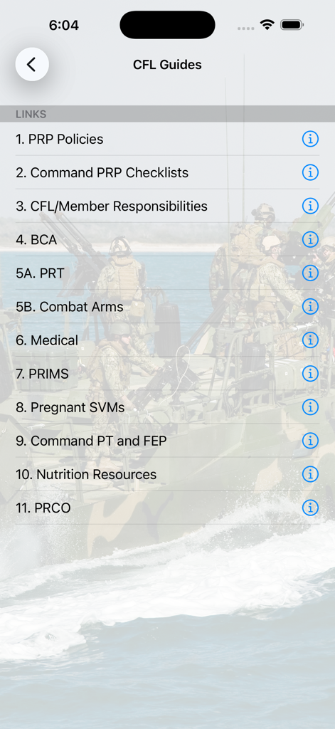 Navy PFA Calc app screen showing a list of links to Command Fitness Leader guides and physical readiness policies