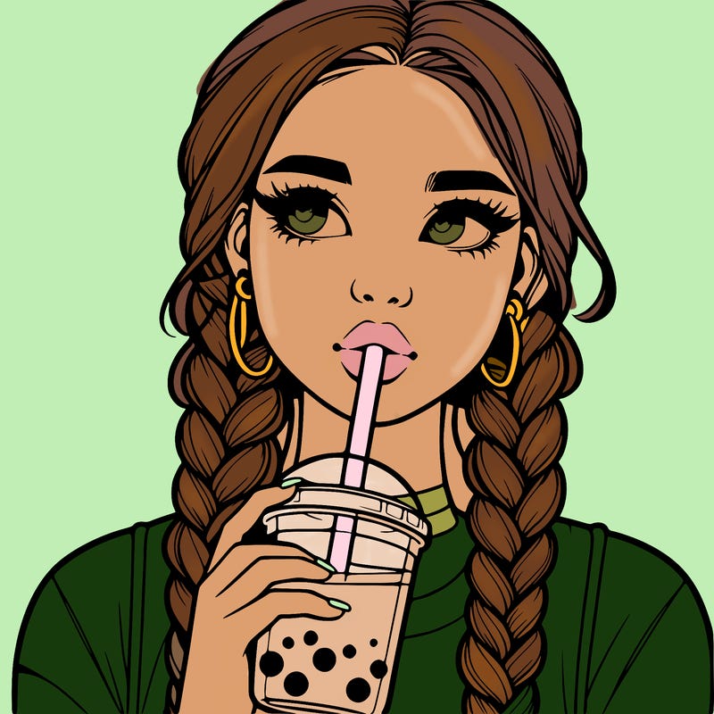 realistic girl with braided hair drinking boba