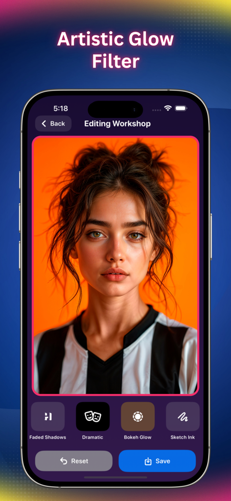 Aura AI Photo Magic - Un retrato de mujer siendo editado en la interfaz de la aplicación Aura AI Photo Magic con el filtro Brillo Artístico aplicado