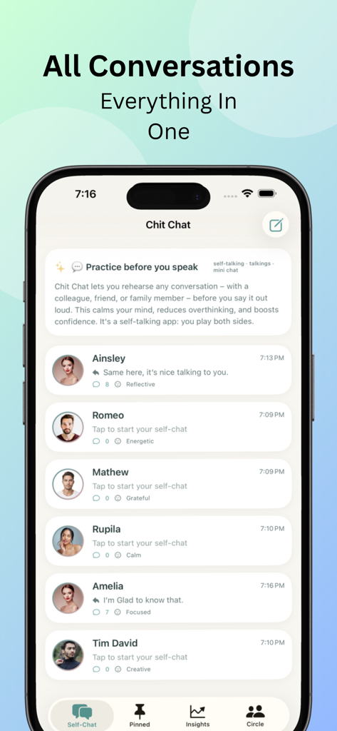 Chit Chat+ - Interface do aplicativo Chit Chat plus mostrando uma lista de diferentes ensaios de conversas com nomes e estados emocionais.
