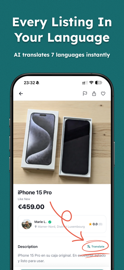 Captura de pantalla de la aplicación Fliply mostrando un listado de iPhone 15 Pro con un botón de traducción IA resaltado para descripciones multilingües.