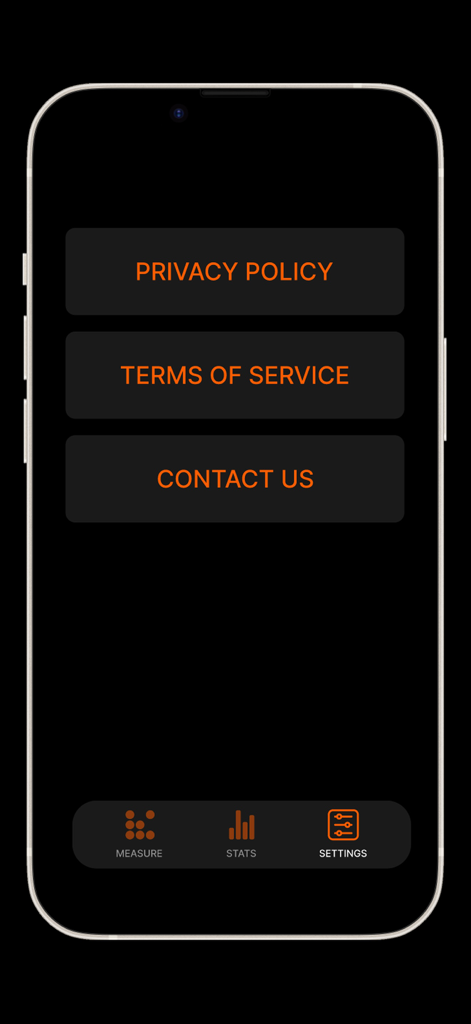 db Sound Meter | DBM - The settings screen of the db Sound Meter DBM app featuring options for Privacy Policy Terms of Service and Contact Us