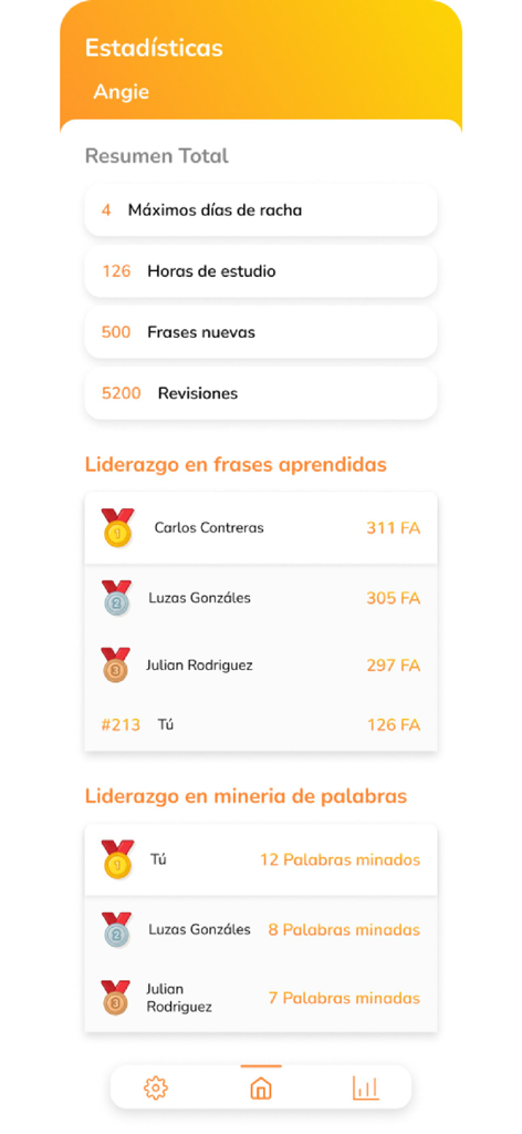 RAIO App - Statistics dashboard of the RAIO app showing study progress and competitive leaderboards