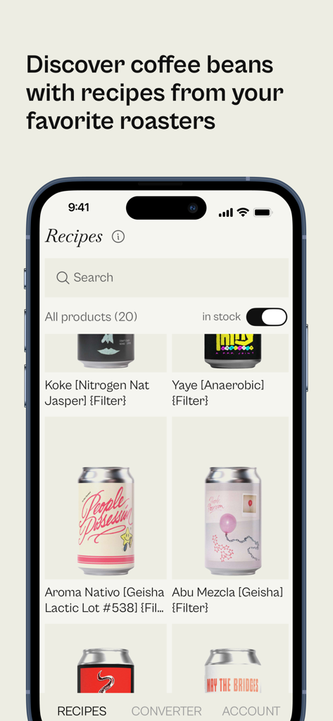 beean: brew your coffee right - Pantalla de descubrimiento de la aplicación beean con productos de granos de café y recetas de tostadores de especialidad.