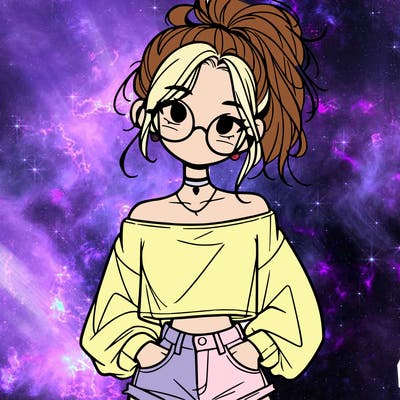 girl with a messy ponytail glasses a baggy crop top and jean shorts