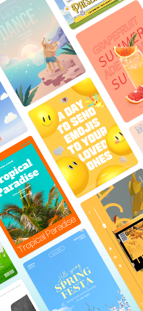 MiriCanvas: Poster, PPT design - A collage showing various trendy graphic design templates for posters and social media content