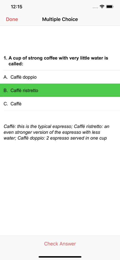 Flashcard Hero - Flashcard Hero Multiple-Choice-Lernmodus, der eine Frage zu Kaffeesorten mit ausgewählter richtiger Antwort anzeigt