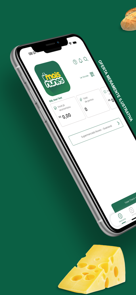 Mais Nunes - Panel de la aplicación de fidelidad Mais Nunes que muestra puntos de ahorro y selección de tienda