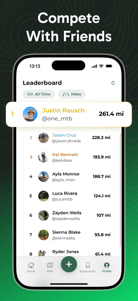 RidePal - Find Trails, Compete - RidePal app leaderboard screen showing competitive mountain bike rankings by miles