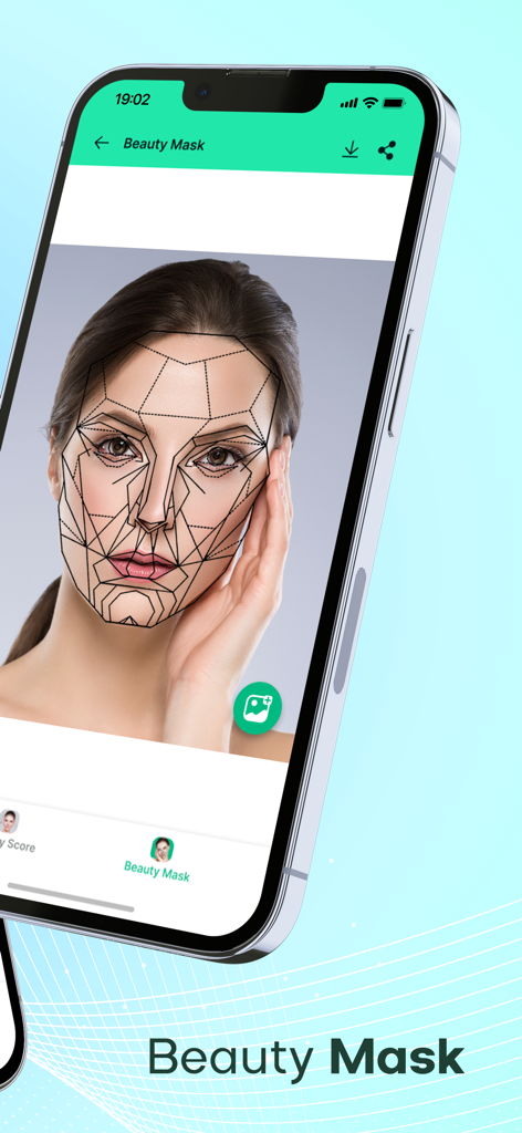Beauty Scanner - Face Analyzer - Smartphone screen showing the beauty mask feature for facial symmetry analysis