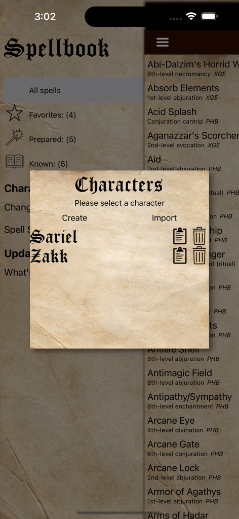 D&D Spellbook 5e - Character selection screen in the D&D Spellbook 5e app with a parchment-style interface.