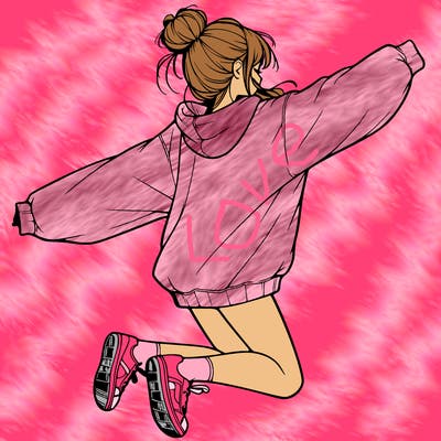 realistic girl jumping with a bun and oversized sweatshirt